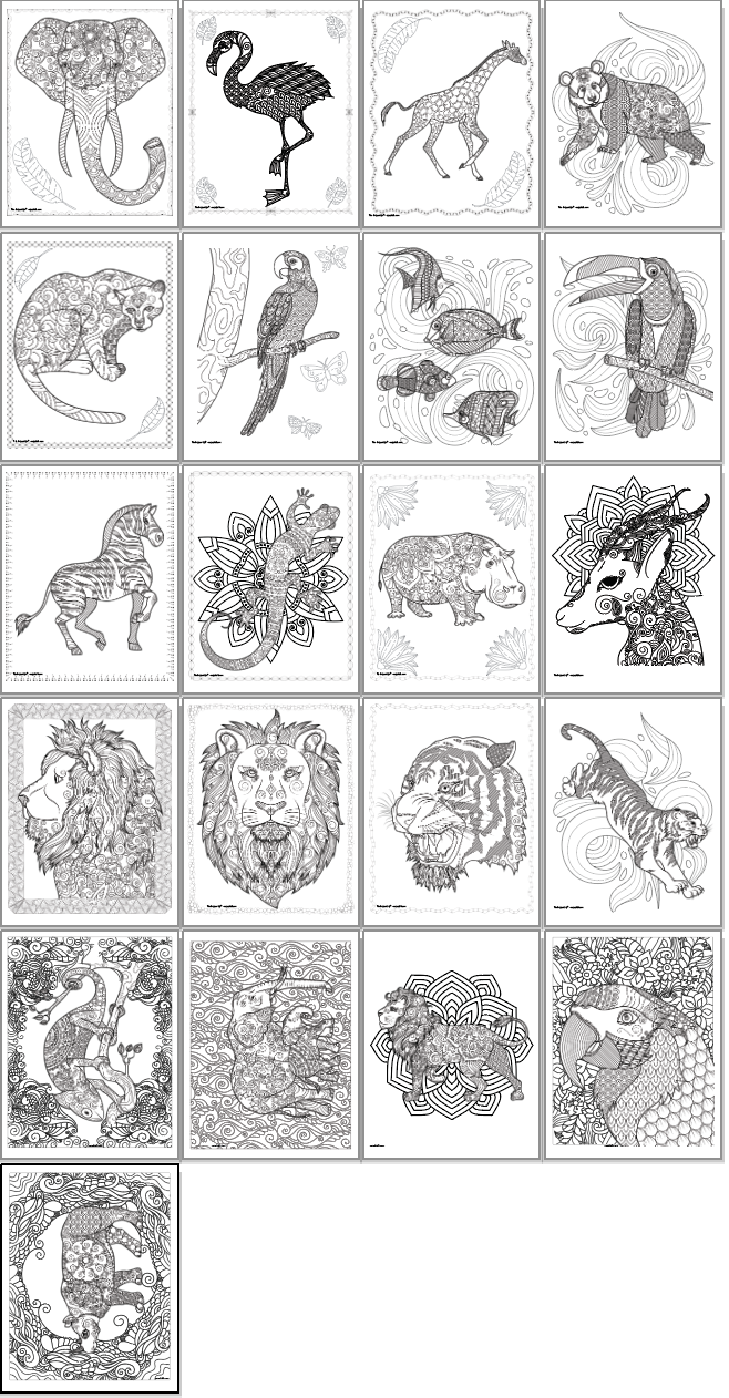 A preview of 21 printable coloring pages for adults. Each page has a complex animal design to color and a doodle frame or mandala design.