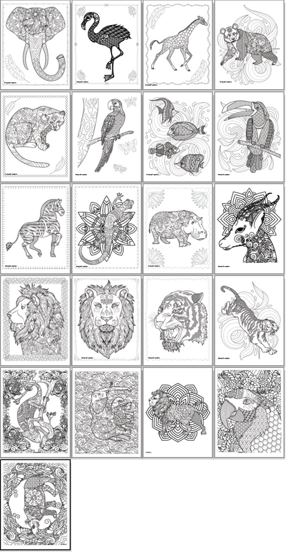 A preview of 21 printable coloring pages for adults. Each page has a complex animal design to color and a doodle frame or mandala design.