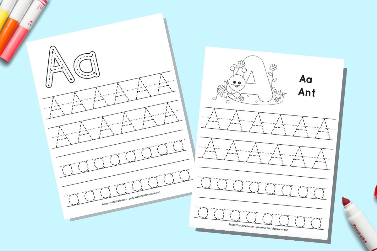 Two printable alphabet tracing worksheets with uppercase and lowercase letters a to trace. One page has an ant to color and the other has correct letter formation graphics