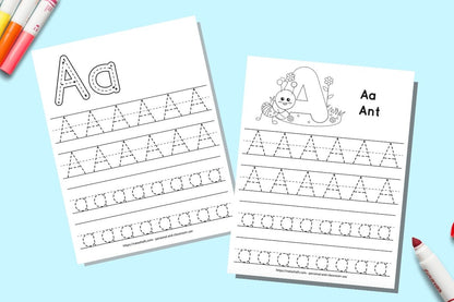 Two printable alphabet tracing worksheets with uppercase and lowercase letters a to trace. One page has an ant to color and the other has correct letter formation graphics