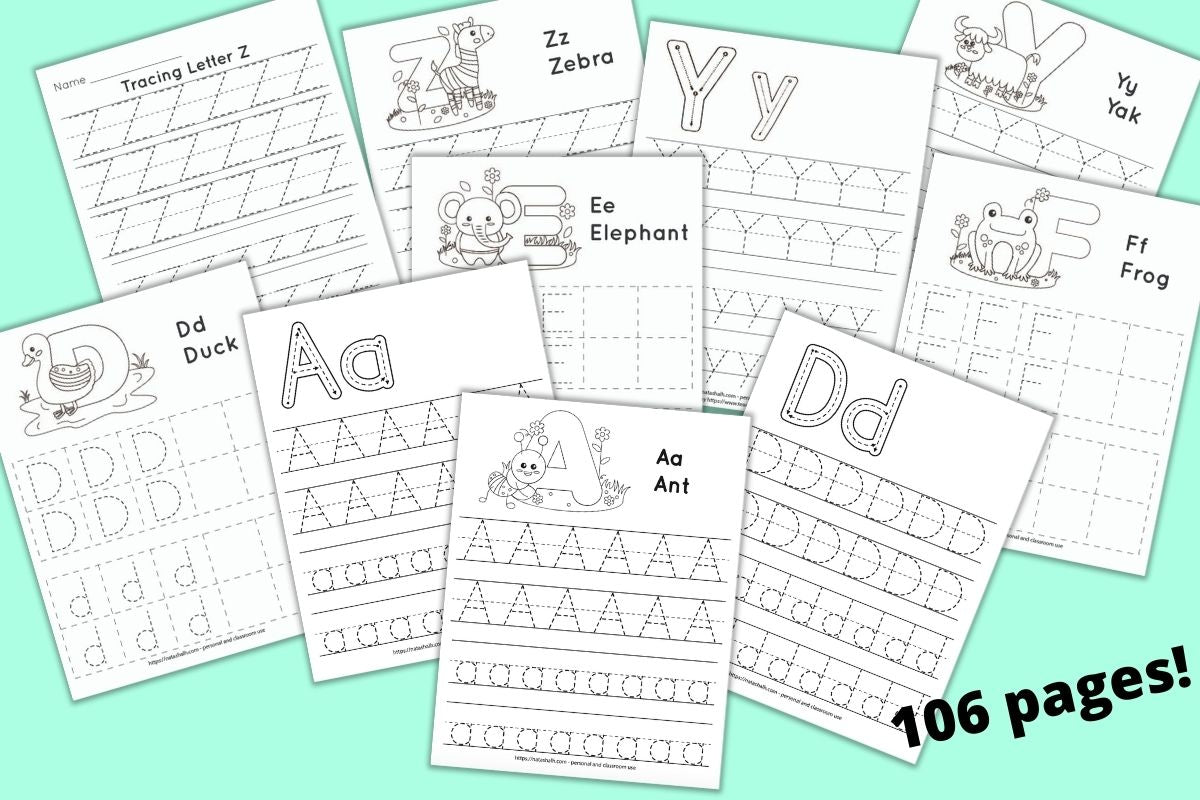 a mockup preview of ten printable pages of alphabet tracing worksheets with dotted letters to trace