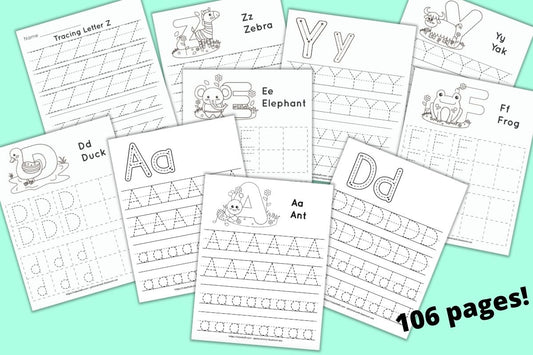 a mockup preview of ten printable pages of alphabet tracing worksheets with dotted letters to trace