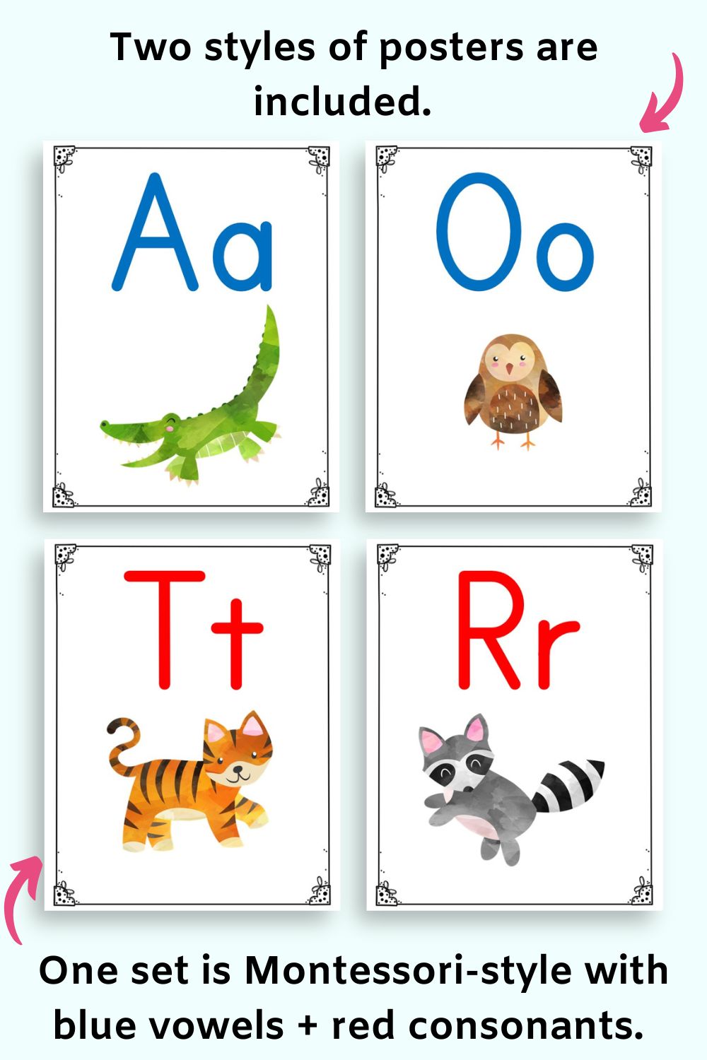 Text two styles of posters are included. One set is Montessori-style with blue vowels + red consonants.