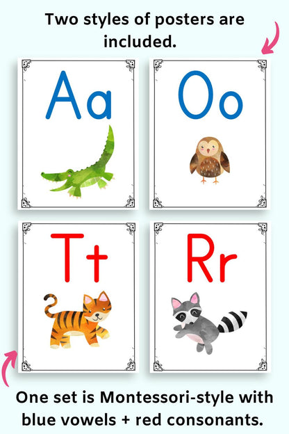 Text two styles of posters are included. One set is Montessori-style with blue vowels + red consonants.