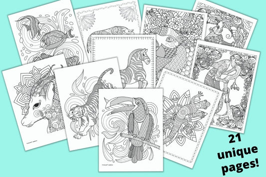 10 printable animal coloring pages for adults with complex designs to color. The pages are on a teal blue background