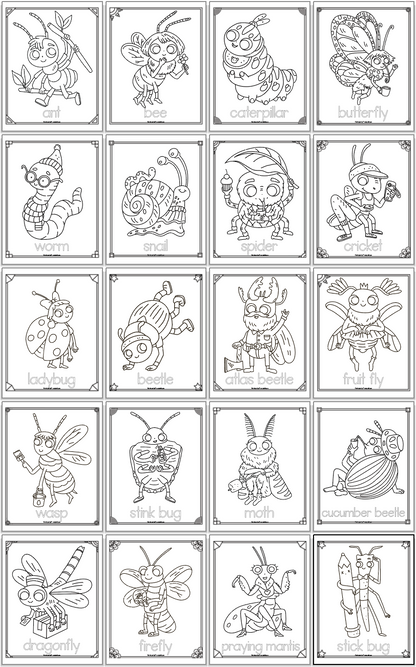 20 cute insect coloring pages for children. Each page has a silly cartoon insect to color and the insect's name in a bubble font for rainbow writing. The pages are in a 4x5 grid.