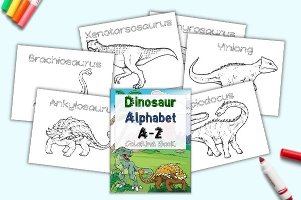 A preview of six dinosaur coloring pages and a color cover that reads "Dinosaur Alphabet A-Z coloring book"