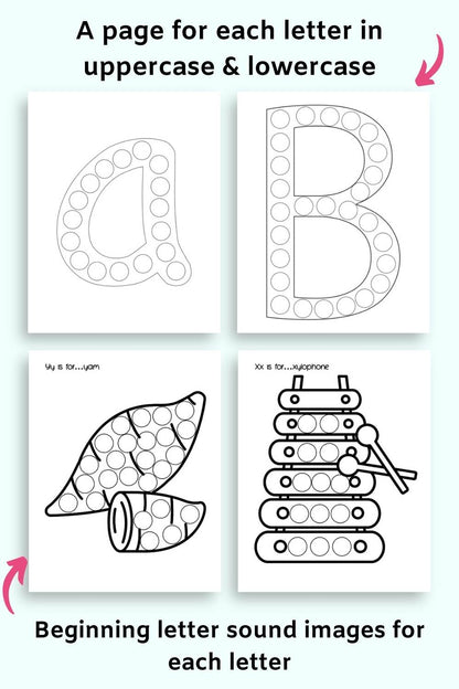 lowercase a, uppercase B, yam, and xylophone dot marker pages