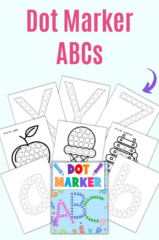 Text "dot marker ABC" with a preview of dot marker alphabet pages