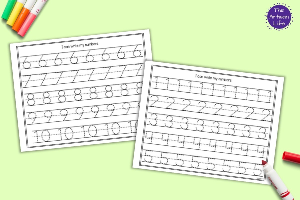 Two number tracing pages with numbers 1-5 and 6-10 to trace in a dotted font. They are shown on a green background with colorful children's markers.