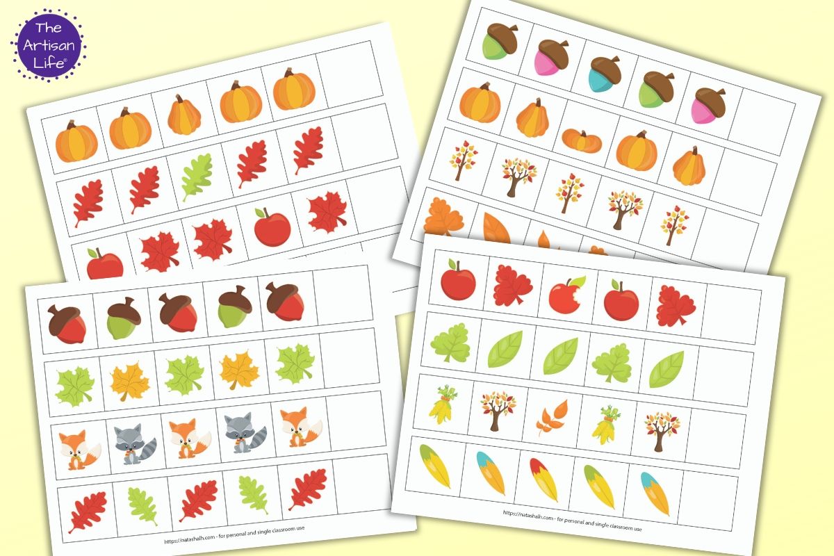 A preview of four pattern extension printables for preschool and pre-k with a fall theme