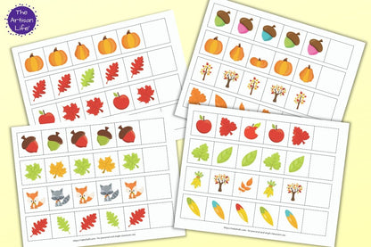 A preview of four pattern extension printables for preschool and pre-k with a fall theme
