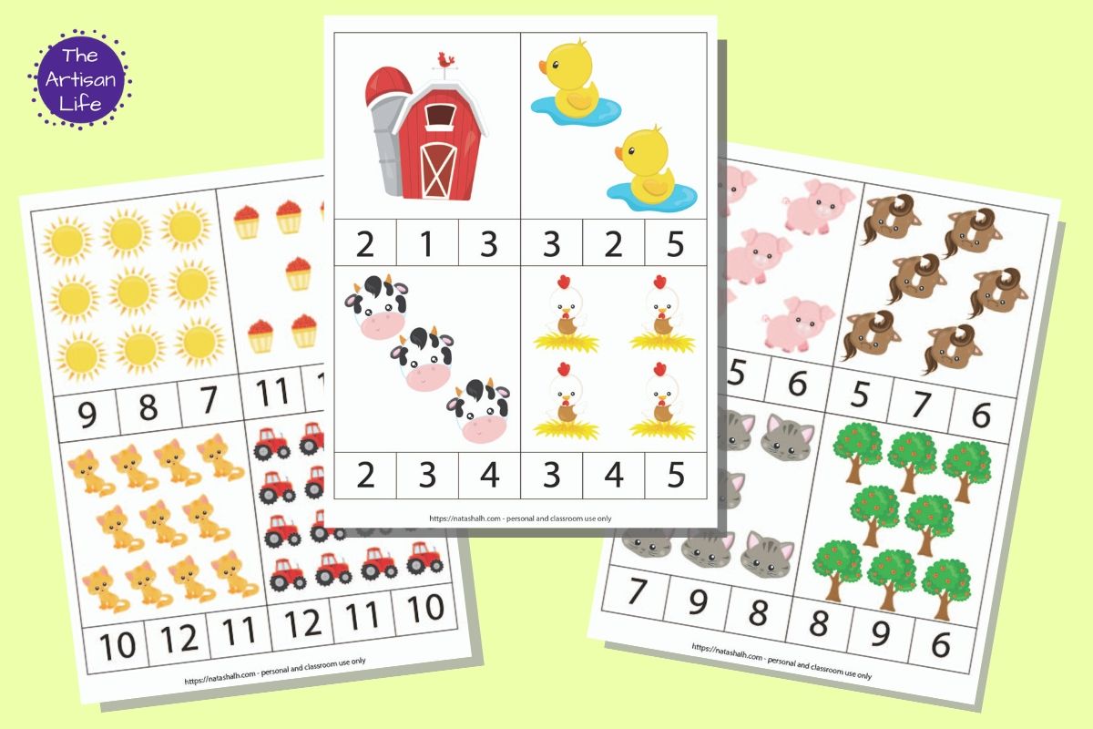 a set of three farm themed counting clip card printables for preschool. The images are cartoonish and numbers are 1-12