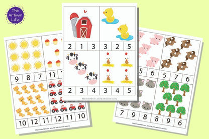 a set of three farm themed counting clip card printables for preschool. The images are cartoonish and numbers are 1-12