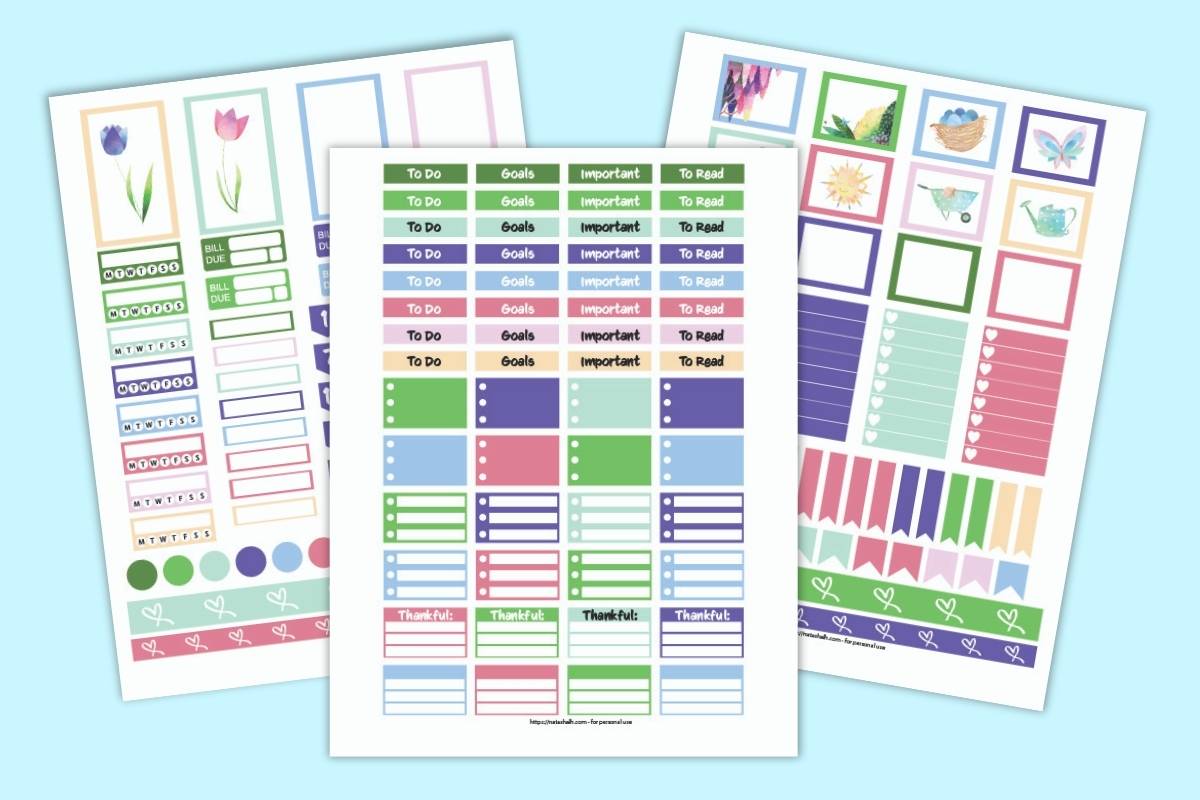 Three pages of planner sticker printables for May. Stickers have greens, purples, and pinks in a floral spring palette. Stickers include full boxes, half boxes, checklists, habit trackers, bill pay stickers, to do headers, washi tape, flags, and date stickers.