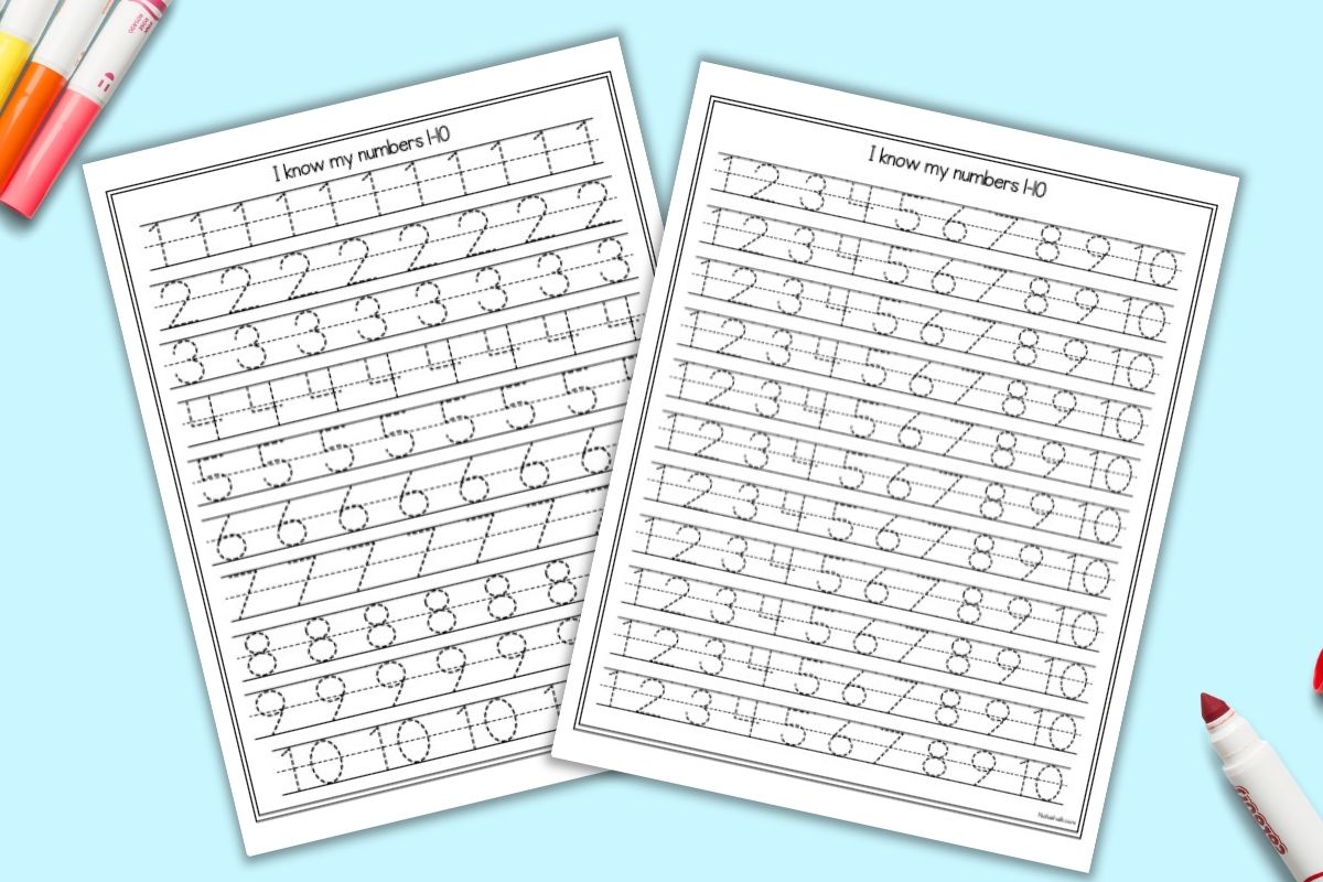Two number tracing pages with numbers 1-10 to trace. One page has numbers with a single numeral on each line (ie 1 1 1) and the other page has ten lines of numbers in numeral order (1 2 3). The pages are shown on a blue background with colorful children's markers.