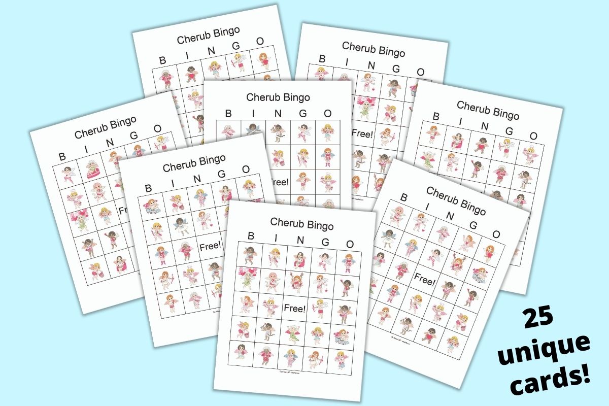  preview with 8 printable Valentine's cherub bingo boards with 24 cute cherub images on each card