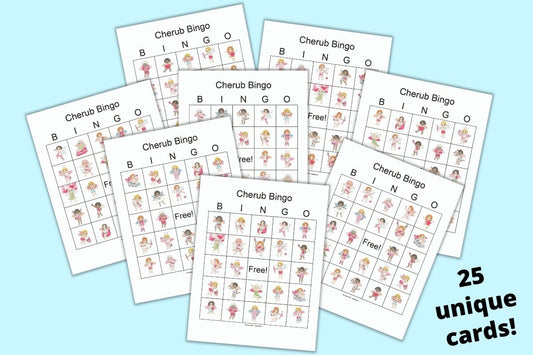  preview with 8 printable Valentine's cherub bingo boards with 24 cute cherub images on each card