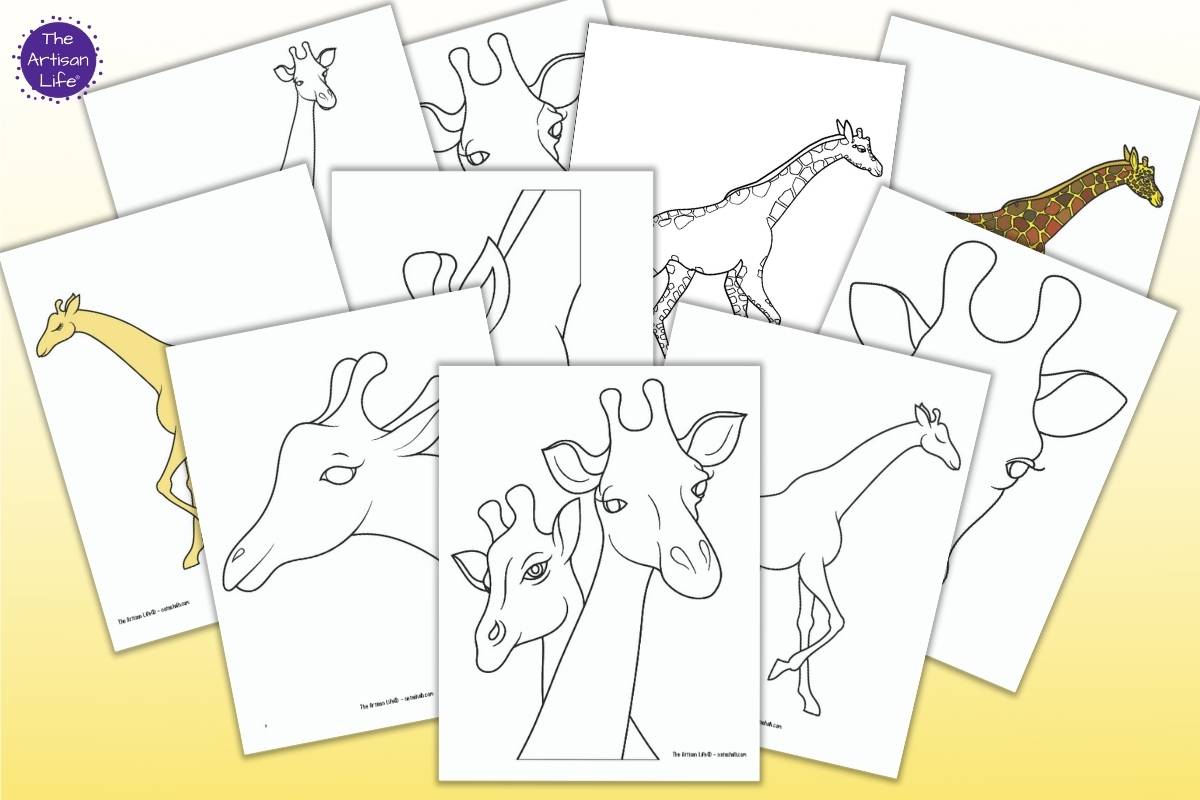 A preview of eight black and white giraffe outlines and two colored giraffe templates on a yellow background