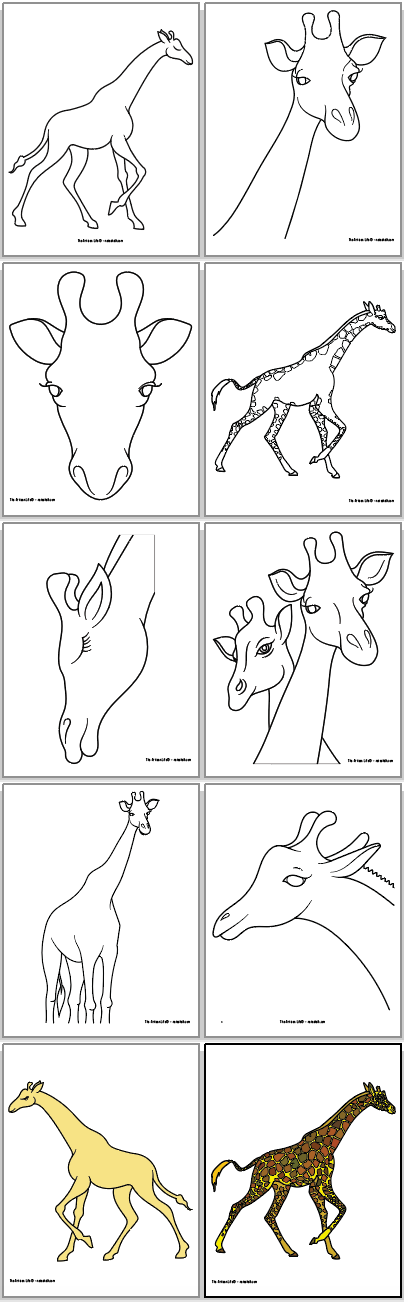 A 2x5 grid with ten giraffe templates. Eight are black and white, two are colored.