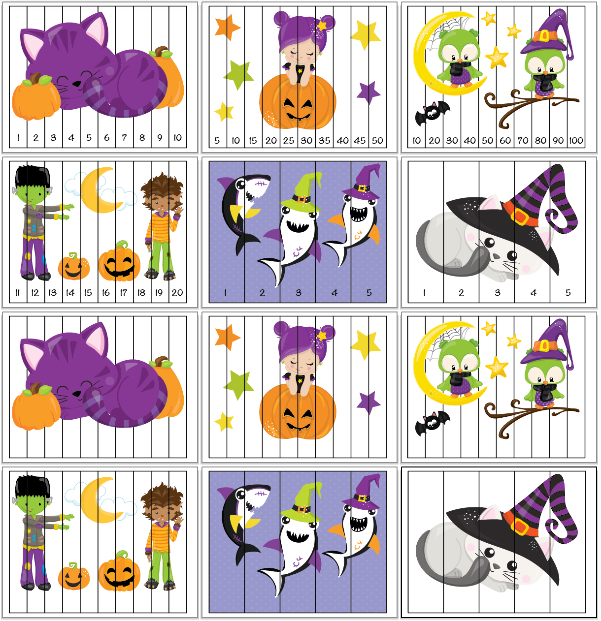 Halloween Theme Number Order Puzzles - 1-20, skip counting, and fillable versions
