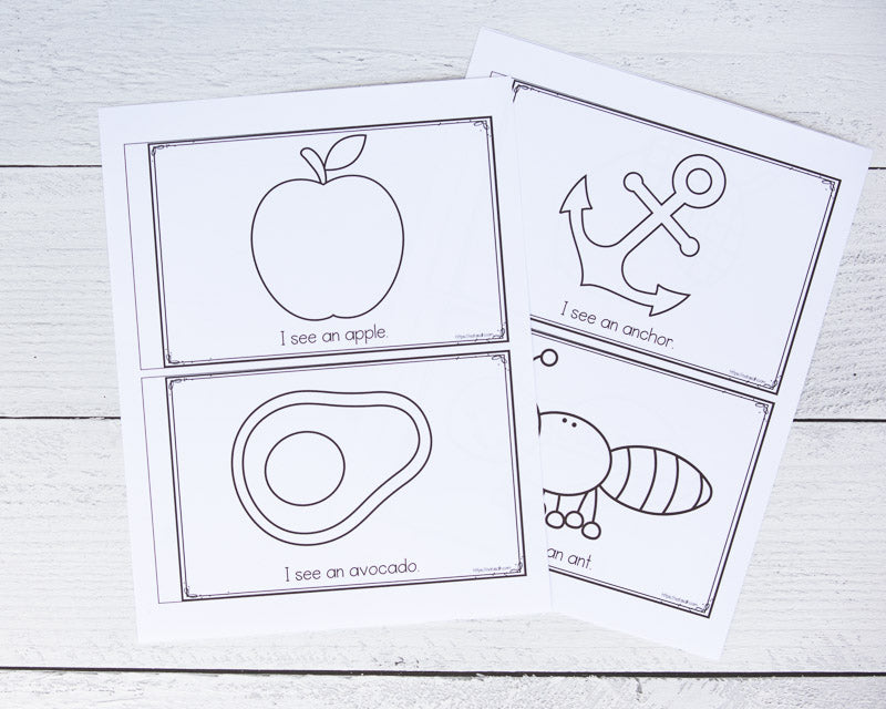 Two printed pages from a printable coloring book with letter a beginning sound words. Each page has two sheets to cut apart and form a book. Images include apple, avocado, anchor, and ant