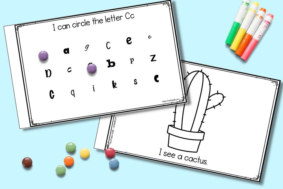 A preview of two pages from a printable book about the letter c. One page is a letter C hunt with letters in assorted fonts. The other page is a coloring page with a cactus and the text "I see a cactus" 