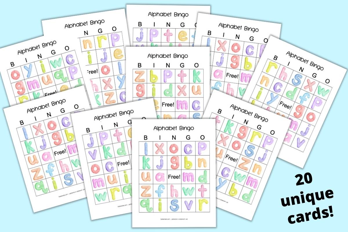 20 lowercase alphabet bingo cards