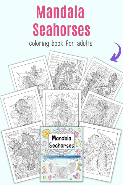 Text "mandala seahorses coloring book for adults" above a preview of 8 complex, zen-style coloring pages with seahorses