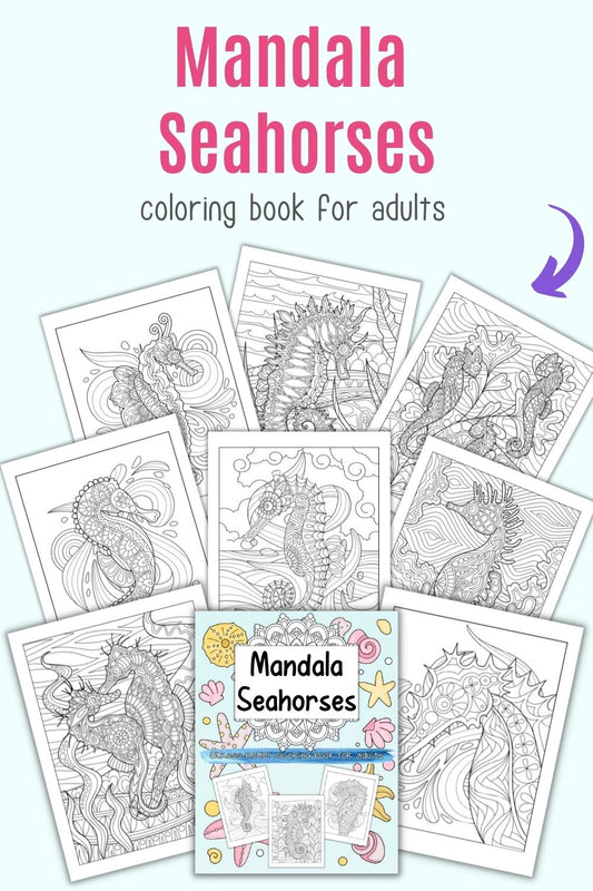 Text "mandala seahorses coloring book for adults" above a preview of 8 complex, zen-style coloring pages with seahorses