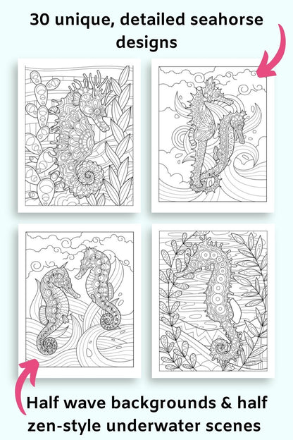 Text "30 unique, detailed seahorse designs" and "half wave backgrounds and half zen-style underwater scenes"
