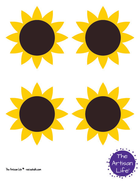 A page with four medium color sunflower patterns with flowers only, no stem