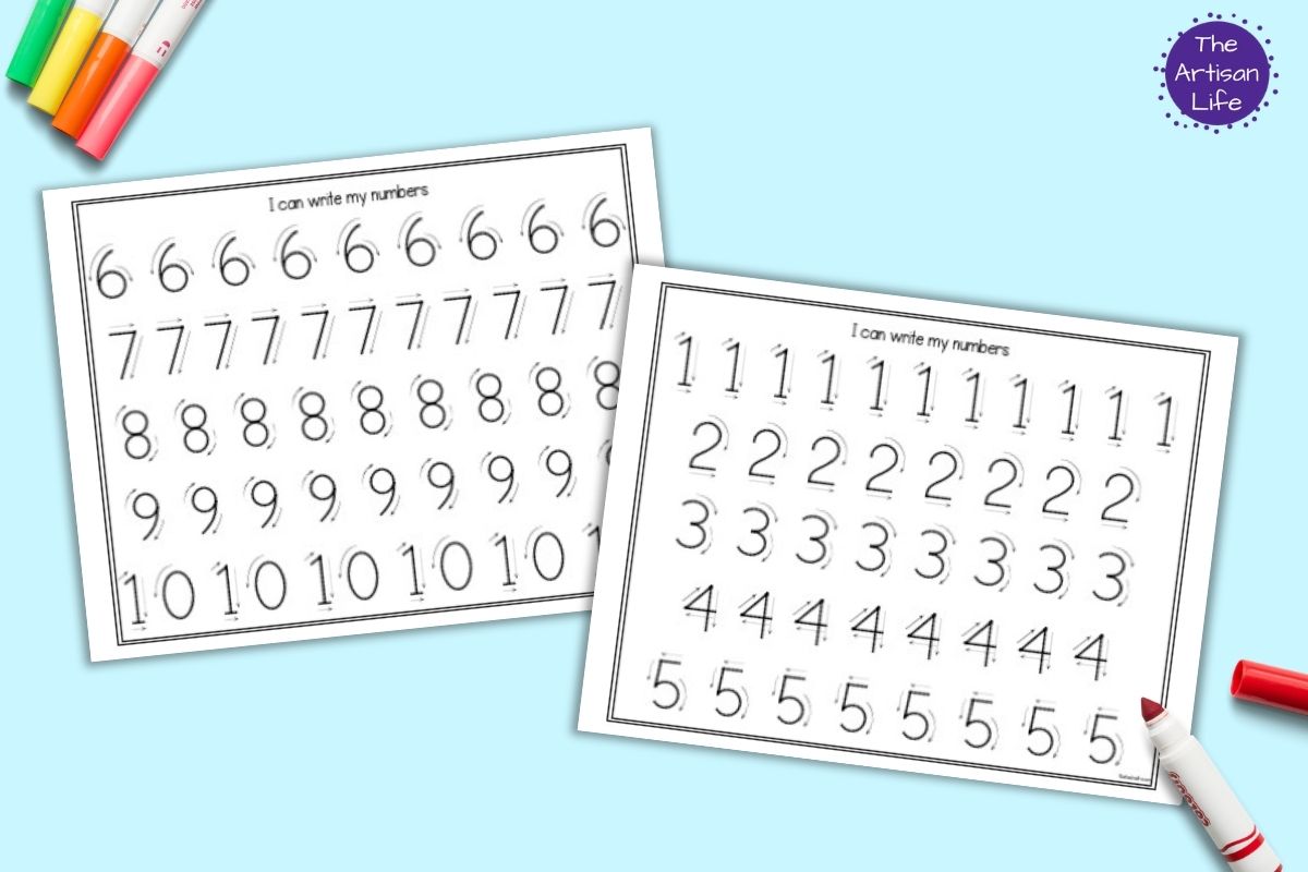 Two number tracing pages with numbers 1-5 and 6-10 to trace in a number formation font with guide arrows. They are shown on a blue background with colorful children's markers.