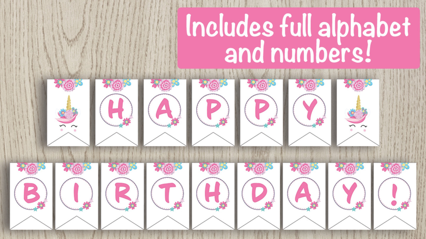 Printable Unicorn Banner - Full alphabet and numbers included!
