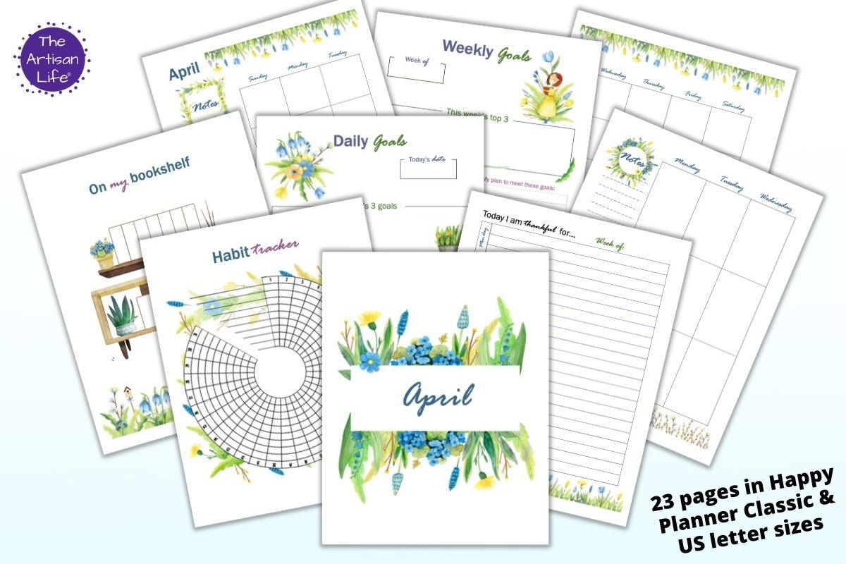 A preview of 9 printable April planner pages with watercolor floral illustrations
