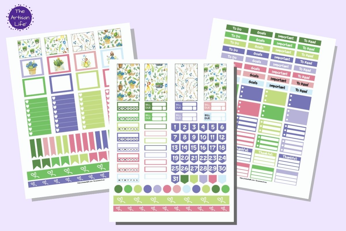 A preview of three pages of planner sticker printables with a spring theme