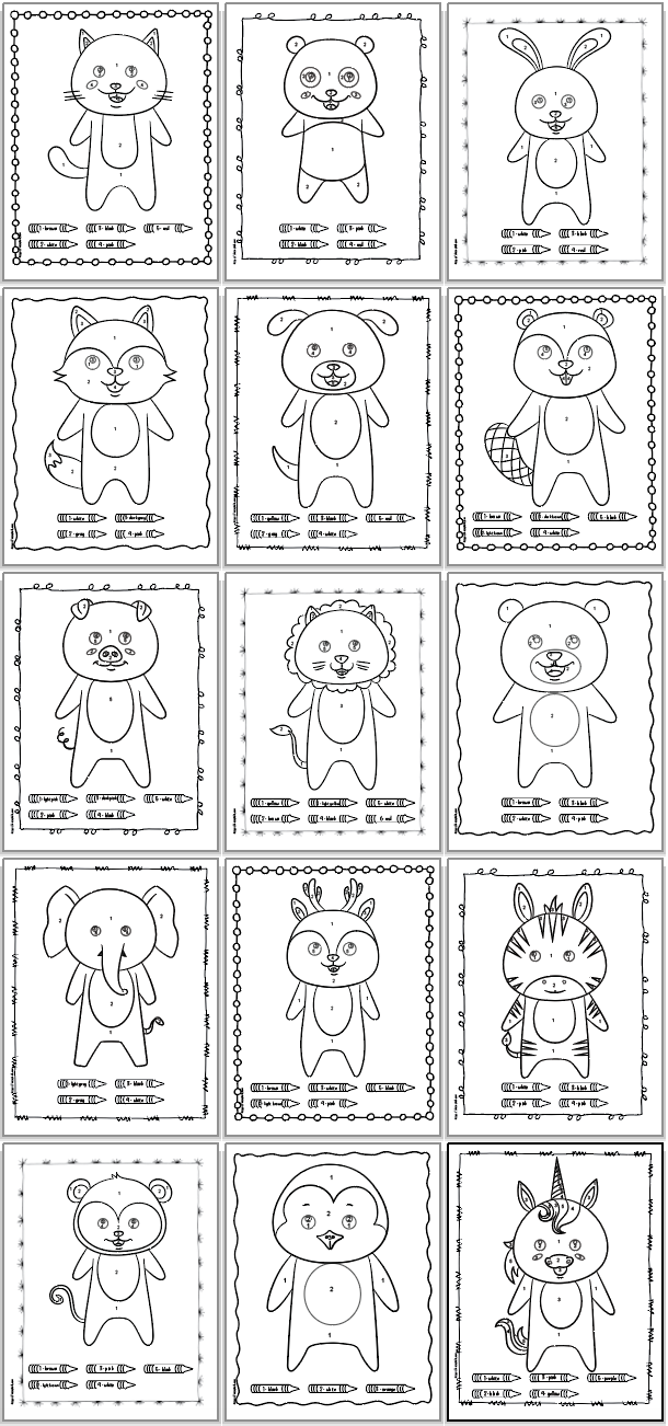 A 3x5 grid of printable easy color by number coloring pages for children. Animals include: cat, panda, bunny, raccoon, dog, beaver, pig, lion, bear, elephant, deer, zebra, monkey, penguin, and unicorn