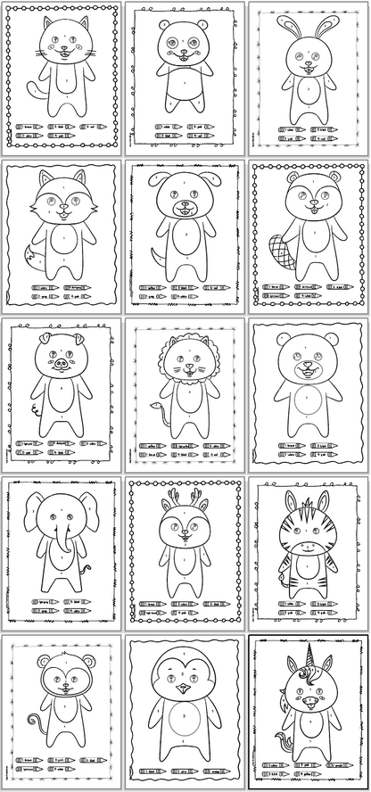 A 3x5 grid of printable easy color by number coloring pages for children. Animals include: cat, panda, bunny, raccoon, dog, beaver, pig, lion, bear, elephant, deer, zebra, monkey, penguin, and unicorn