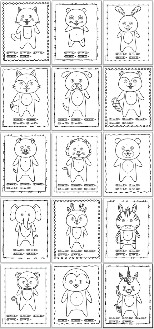 Simple Color by Number Animals - 15 easy color by number pages for kid