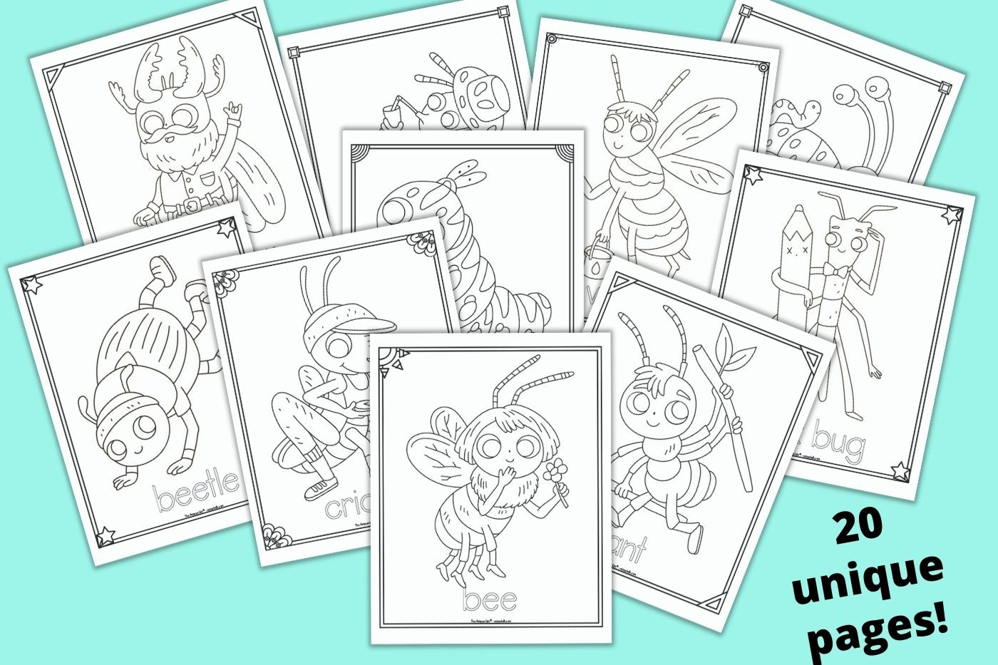 A preview of 10 cute insect coloring pages for children with the text overlay "20 unique pages!"