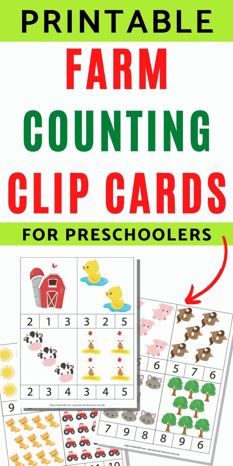 Text "printable farm counting clip cards for preschoolers" with a preview of three printable pages with counting clip cards numbers 1-12