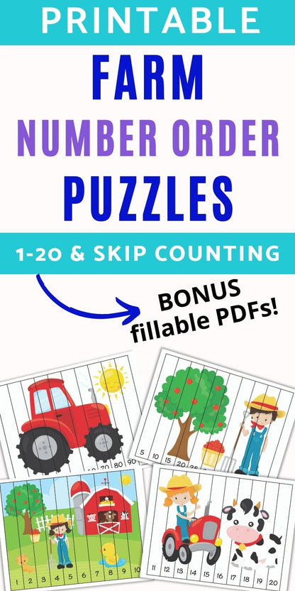 Farm Theme Number Order Puzzles 1-20, skip counting, and fillable PDF