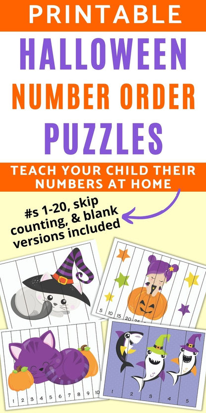 Halloween Theme Number Order Puzzles - 1-20, skip counting, and fillable versions