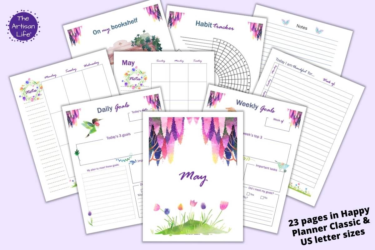 A preview of nine printable May planner pages including a divider page, weekly goals, daily goals, gratitude journal page, noes page, habit tracker, bookshelf reading tracker, monthly calendar, and weekly vertical layout
