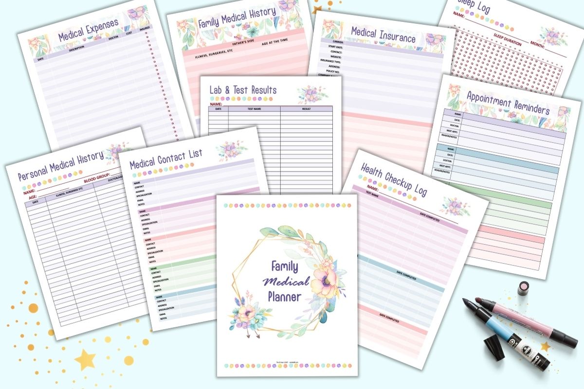 A preview of 10 pages of medical planner printable with a pastel floral theme