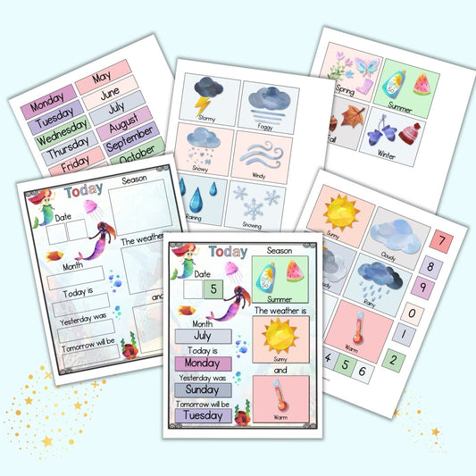 A preview of six pages of printable preschool morning board with a mermaid theme. Font and center is a mockup of a completed morning board with space for the date, day of the week, season, and weather. Other pages are sheets from the printable with months, days, and weather options.