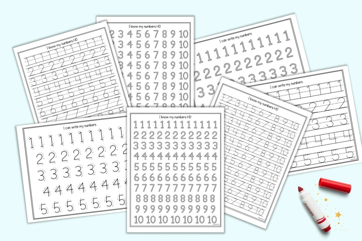 A preview of seven printable number tracing pages for preschoolers with numbers 1-10. Pages have dotted tracing fonts, bubble letters for rainbow writing, and number formation graphics with arrows.