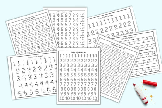 A preview of seven printable number tracing pages for preschoolers with numbers 1-10. Pages have dotted tracing fonts, bubble letters for rainbow writing, and number formation graphics with arrows.