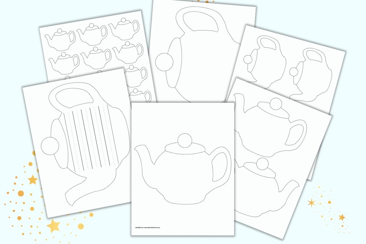 Six printable teapot templates on a light blue background. Teapots are extra large, with writing paper, large, two to a page, four to a page, and small teapots 15 to a page