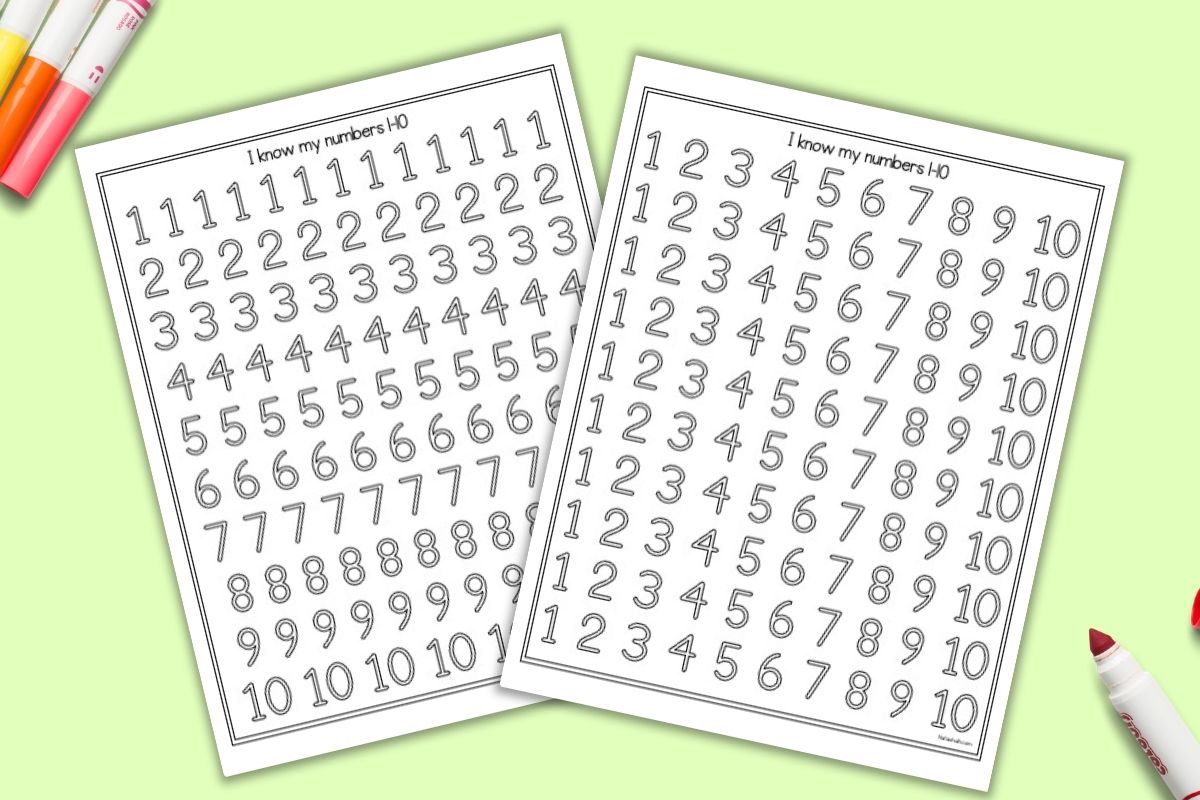Two number tracing pages with numbers 1-10 to trace in bubble letters for rainbow writing. One page has numbers with a single numeral on each line (ie 1 1 1) and the other page has ten lines of numbers in numeral order (1 2 3). The pages are shown on a green background with colorful children's markers.